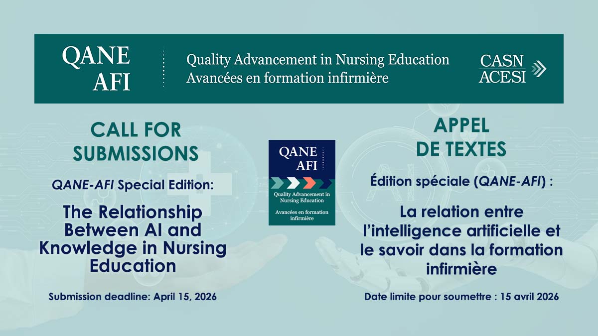 The words "Call for submissions" and the title of the QANE-AFI special edition, on the relationship between AI and knowledge in nursing education, appear on a translucent teal background. The submission deadline, April 15, 2026, appears below the title. The French translation of the text sits to the right of the English.